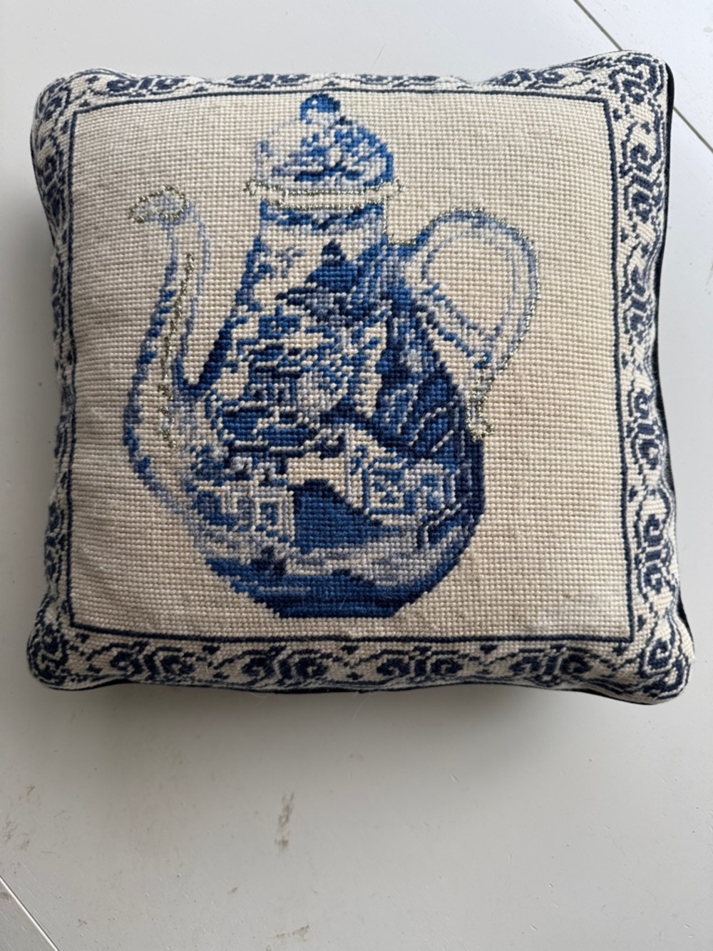 Blue and Cream Teapot Needlepoint Decorative Pillow 14”x14”